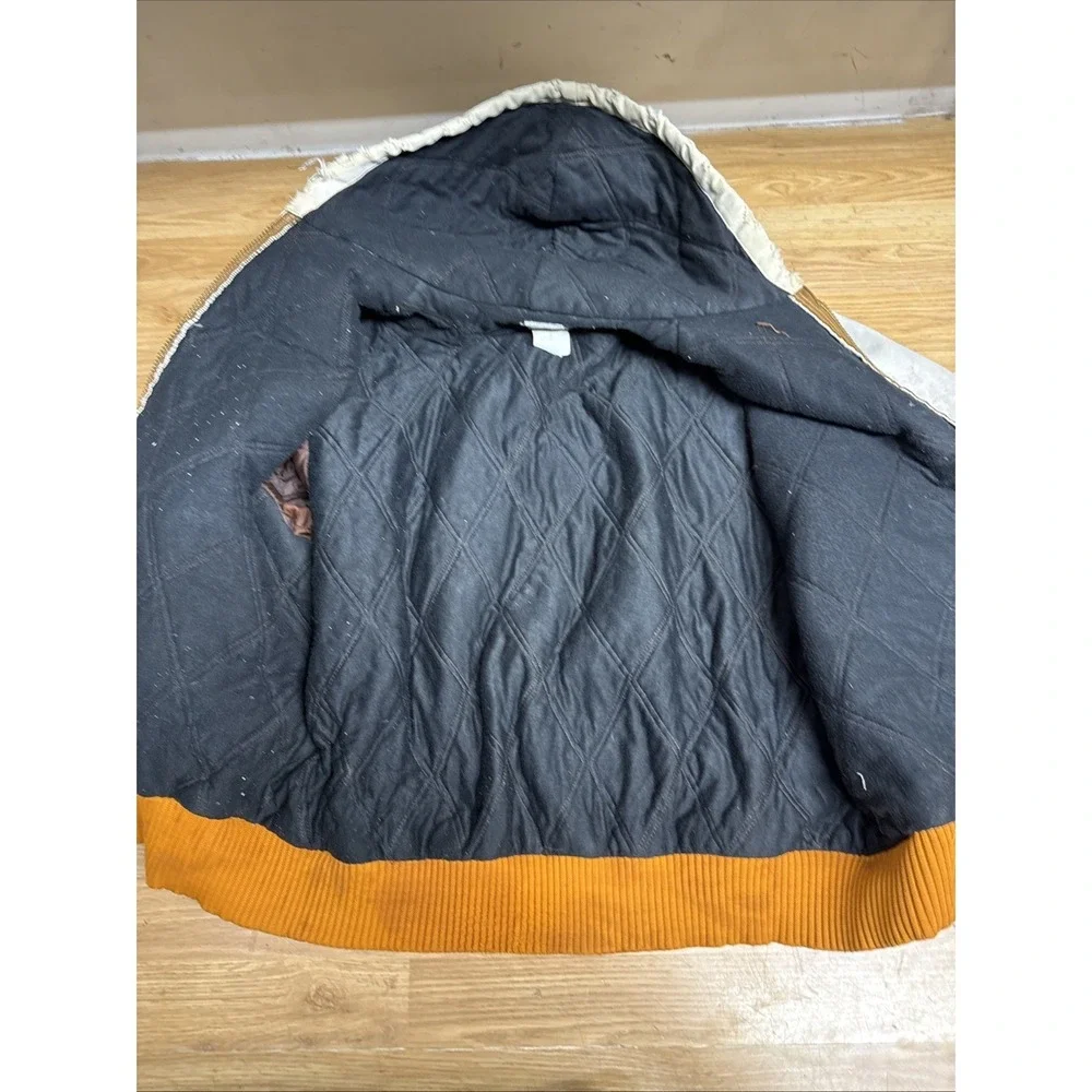 Vintage 90s Carhartt Hooded Jacket Quilt Lined Thrashed Off White Orange Trim